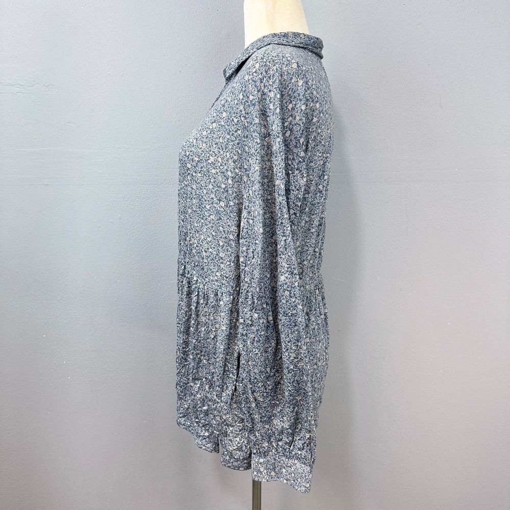 Frye Long Sleeve‎ Top Sz L Monica Floral Boho Dusky Blue Babydoll Crinkle Tunic - Picture 5 of 12